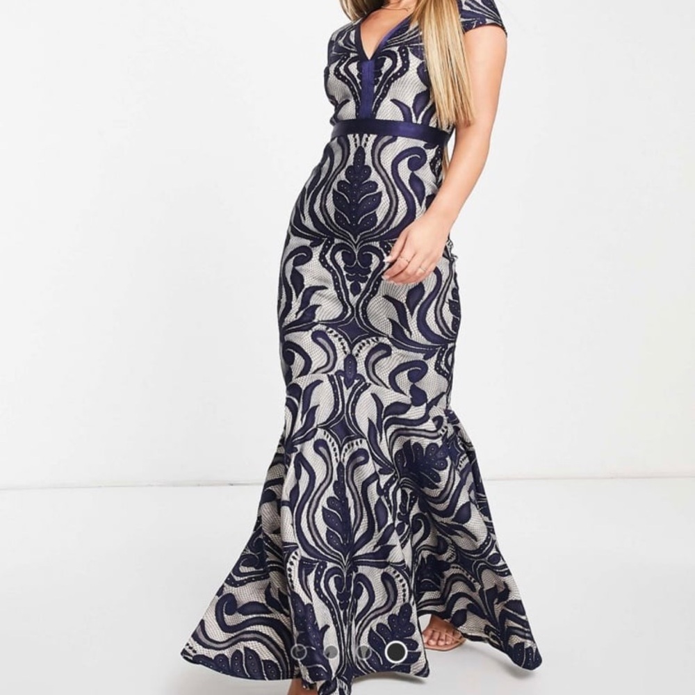 Navy & Cream Embroidered Mermaid Maxi Dress